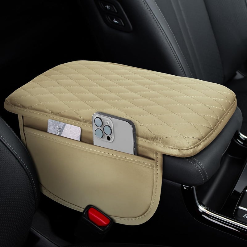 ongfuwu Car Center Console Cover, 12"×7.87" Waterproof Leather Auto Armrest Cover Protector with 2 Pocket, Comfortable Arm Rest Box Cushion Pad, Universal Interior Car Accessories (Beige) - Image 1
